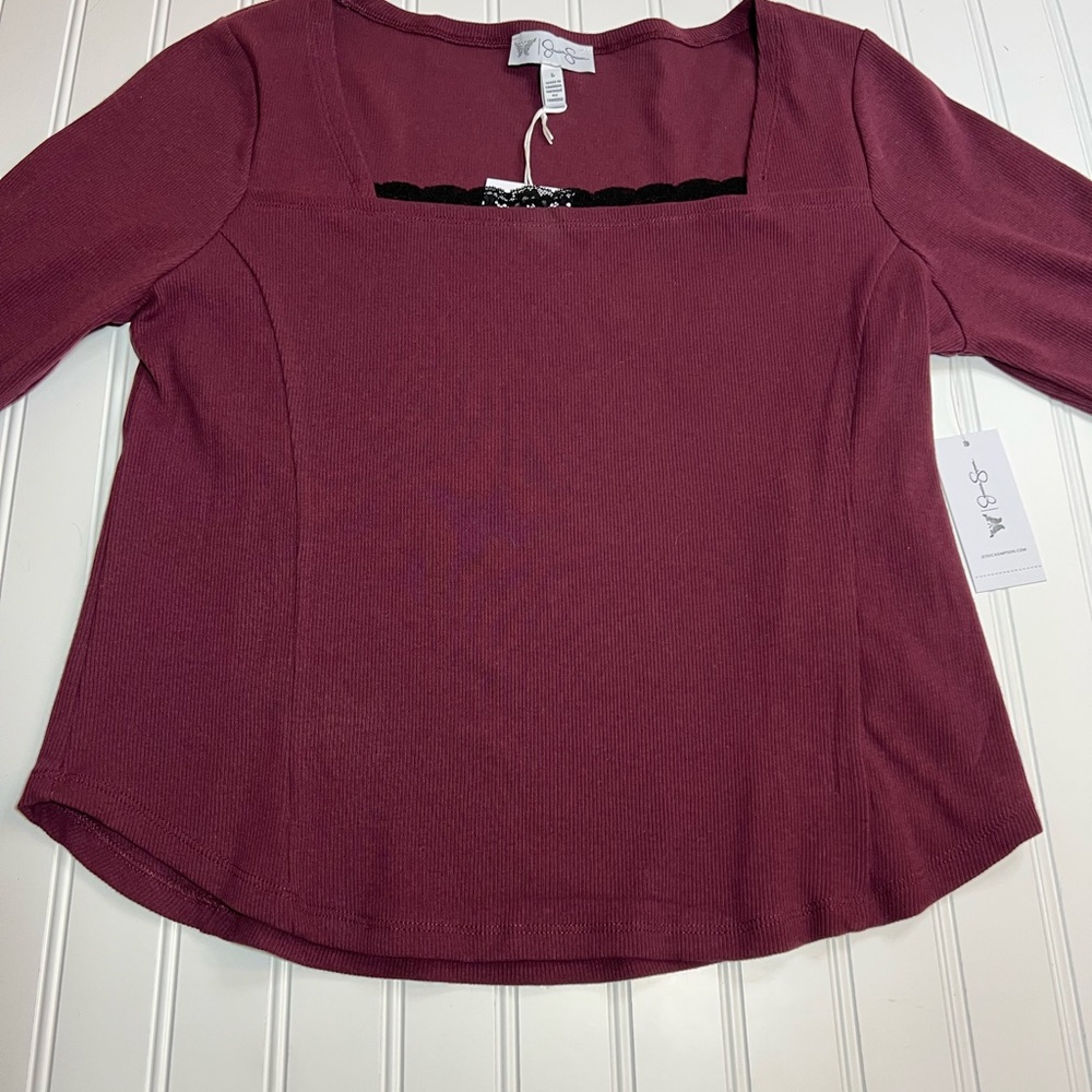 Jessica Simpson L Maroon with Black Lace Long Sleeve Top NWT